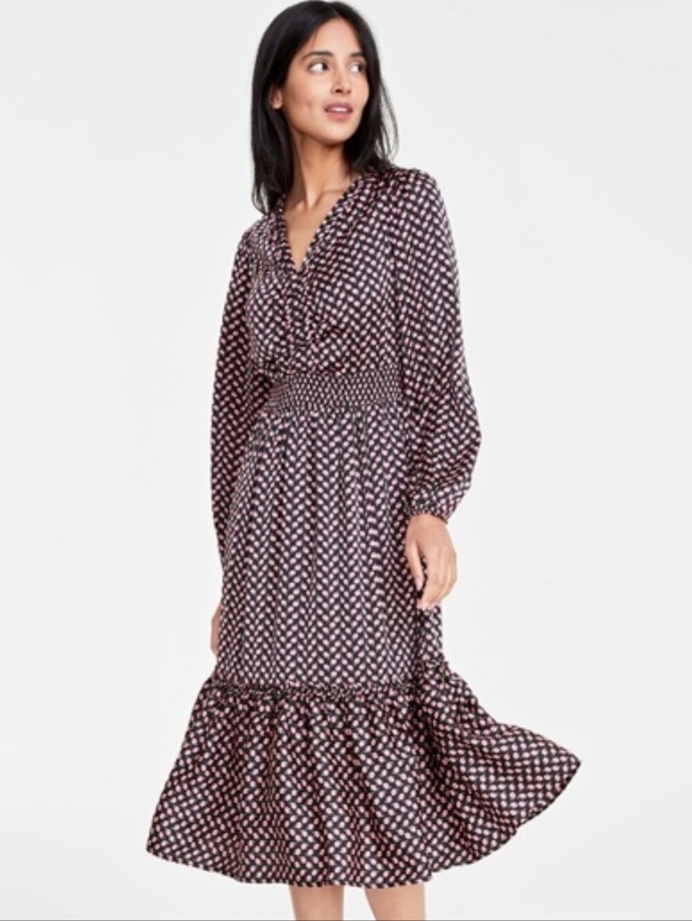 Floral Long Sleeve Printed Midi Dress Baby Doll Ruffle Hem Flowy Cottage Core